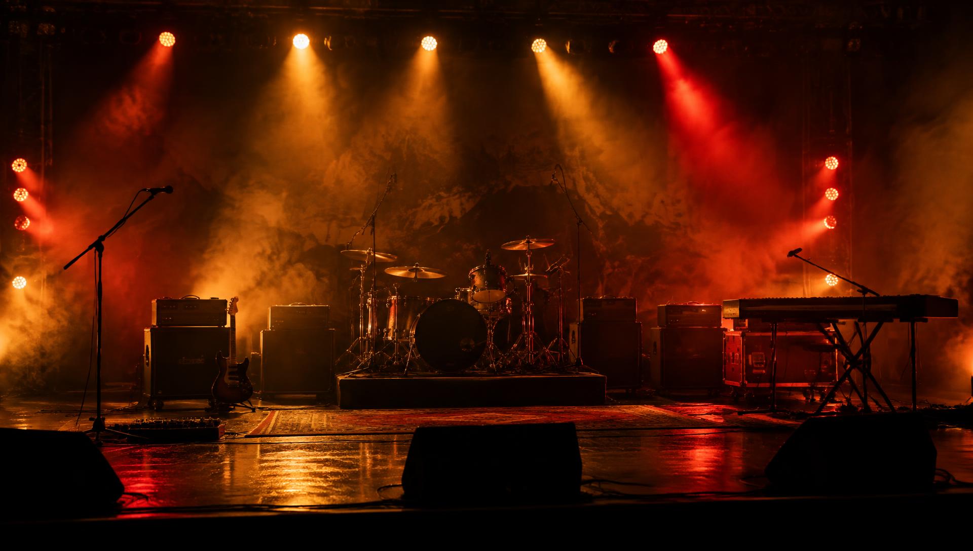 Concert stage under amber and red lights